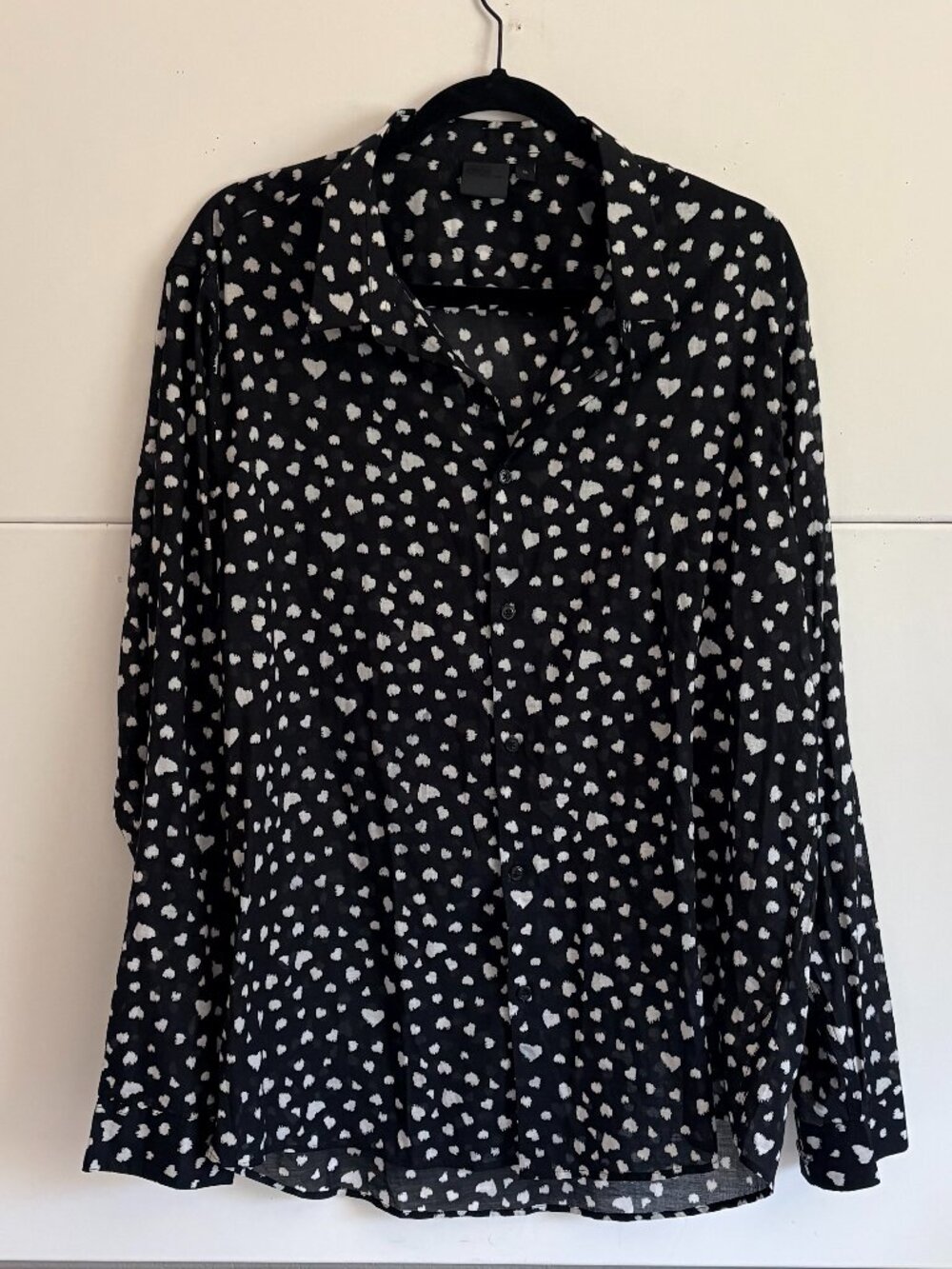 Asos Black White Heart Print Long Sleeve Button Up 100% Cotton Blouse Top Sz XL